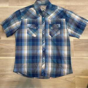VTG Wrangler Disco Cowboy Wrancher S/S Blue Plaid Pearl Snap Western Shirt